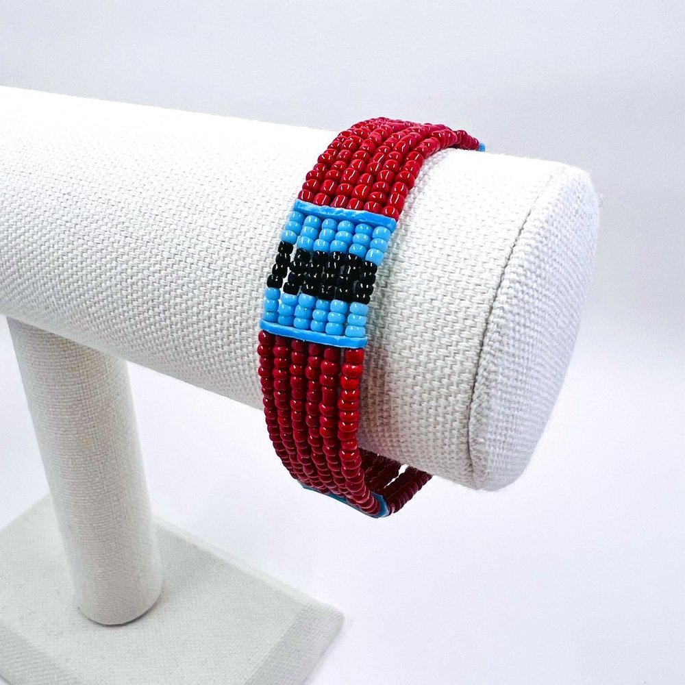 Coral and Blue Seed Bead Multi Strand 7” Bracelet